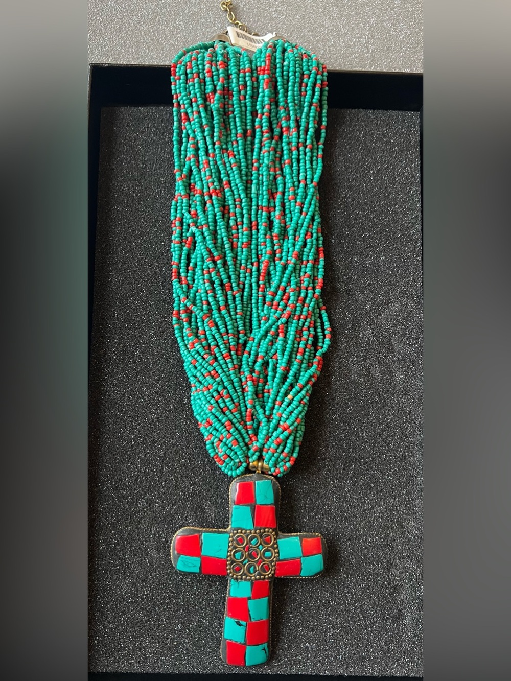 Multi-strand Seed Bead Necklace with Cross in Turquoise and Red